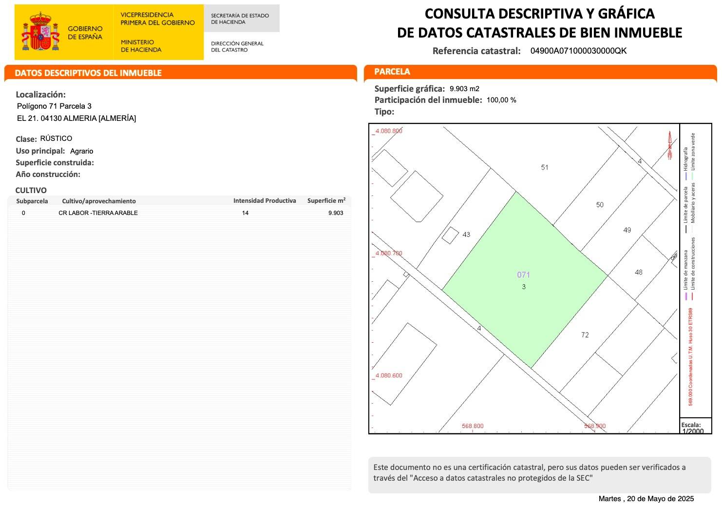 Parcela de UNA HECTÁREA para Invernar o para Explotación con A. E. S. N. U.