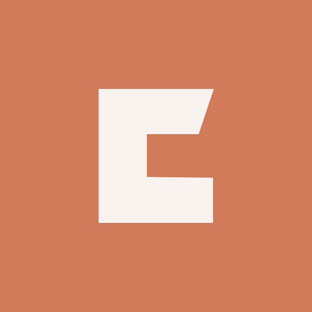 White letter E on a burnt-orange background.