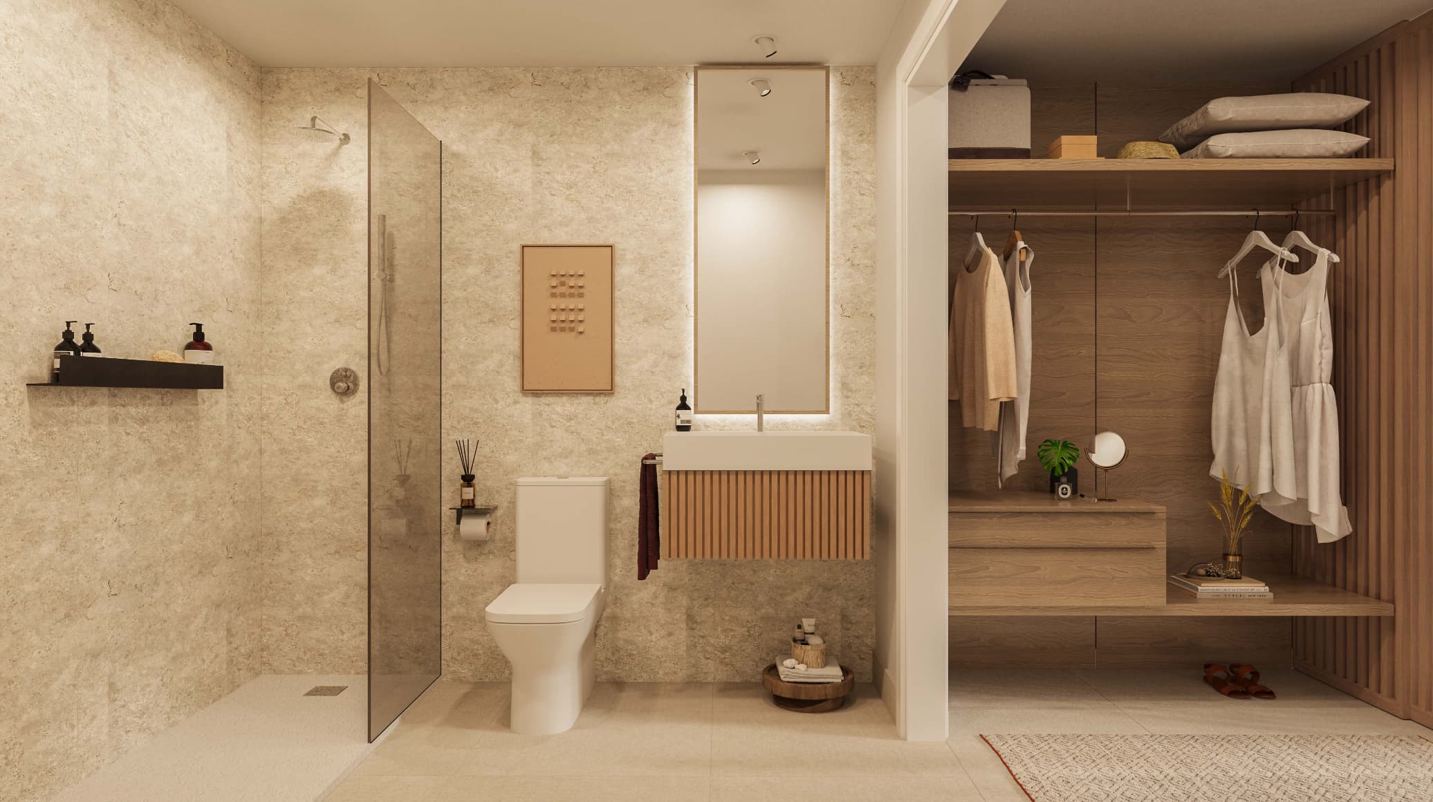 BANO_HR-1 - MiraCasa Modern bathroom with a glass shower enclosure, beige stone walls, and a white vanity with a wooden slatted front under a tall mirror.