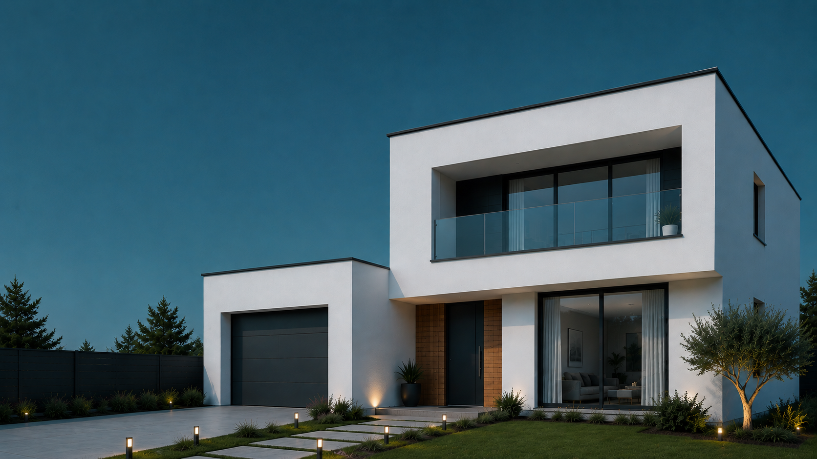 Contemporary white two-story house with a glass balcony, large windows, and a dark garage door set in a landscaped yard at dusk.