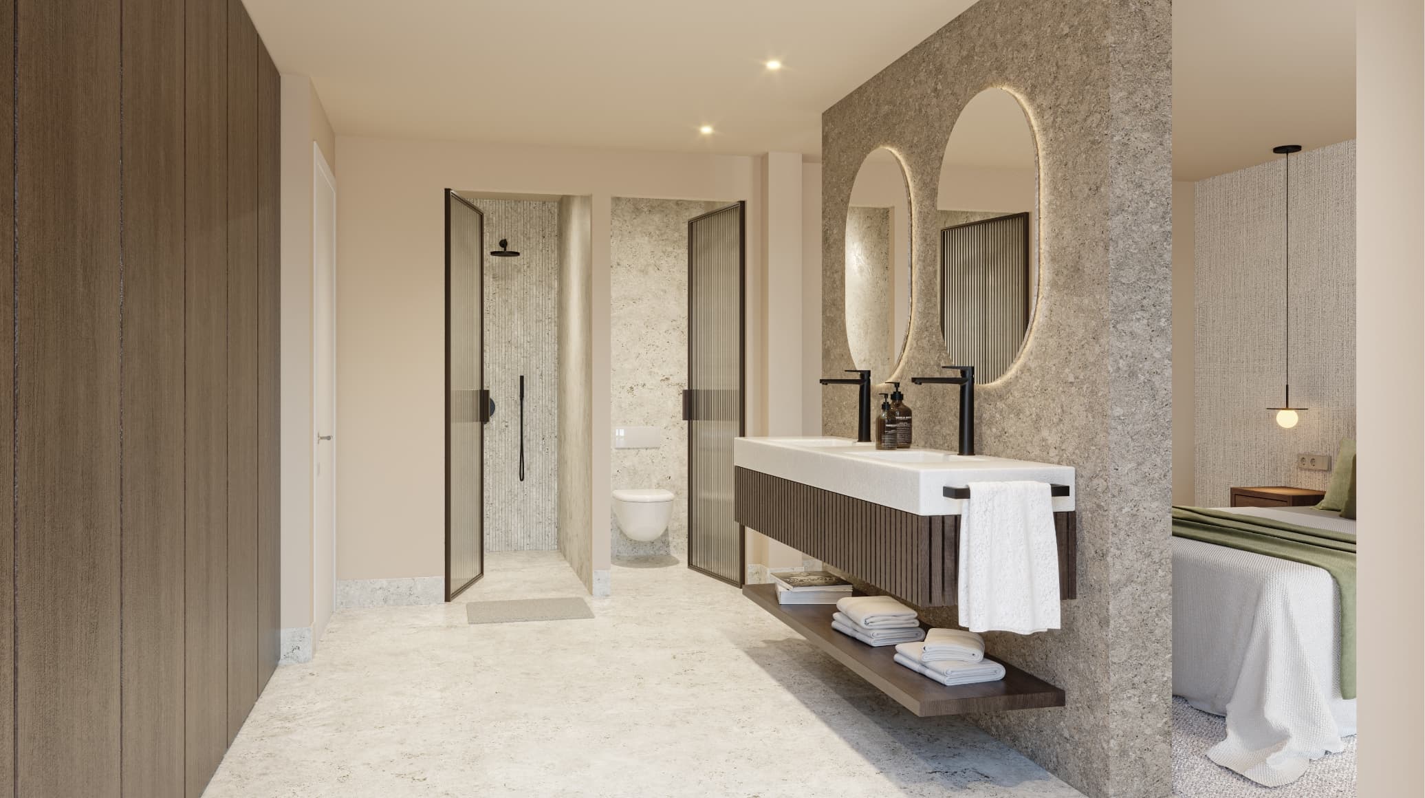 Contemporaneo_bano - MiraCasa Modern bathroom with a double sink vanity, round backlit mirrors, and a textured stone wall behind the sinks
