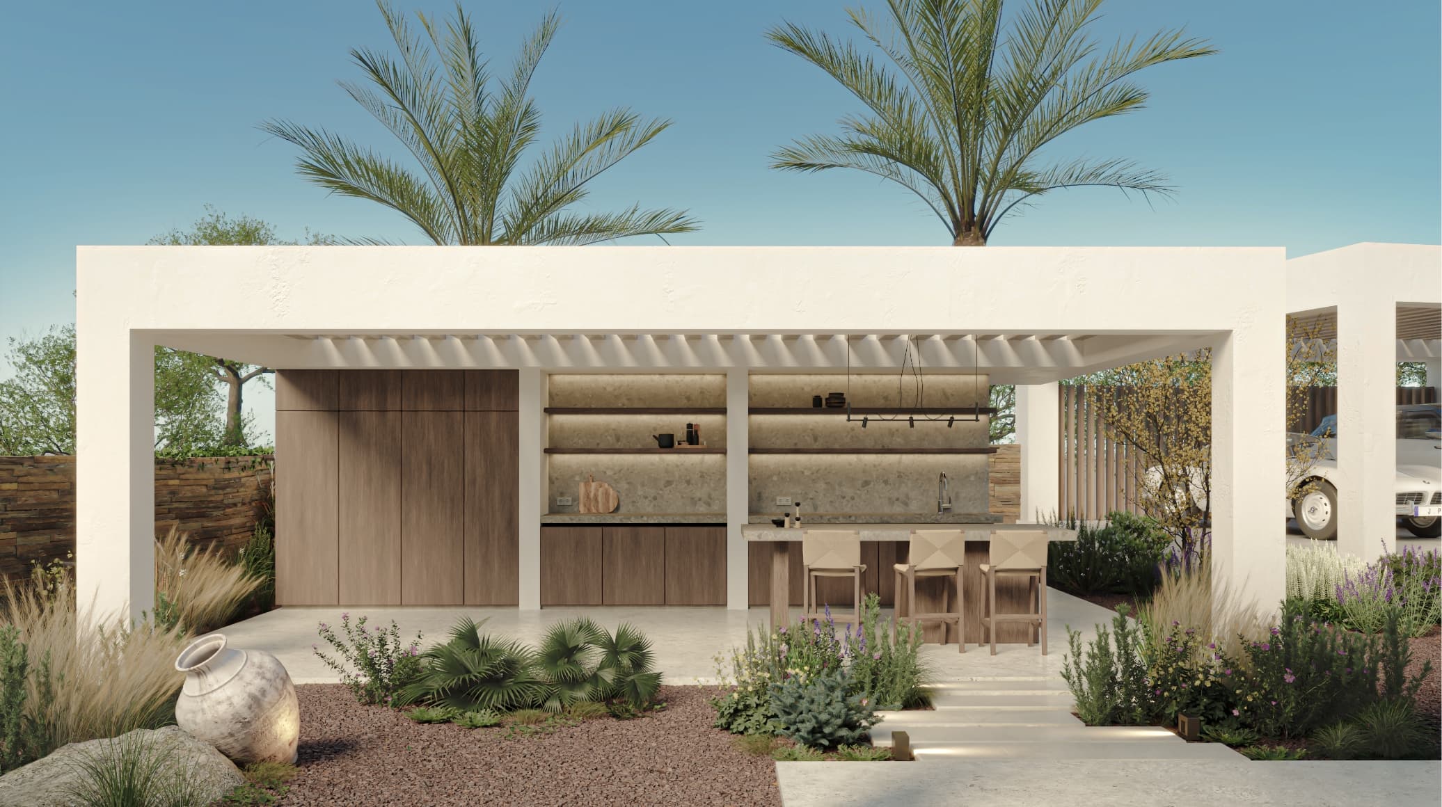 Contemporaneo_bbq - MiraCasa Modern outdoor kitchen under a white pergola with wooden cabinets and bar seating, palm trees in the background.