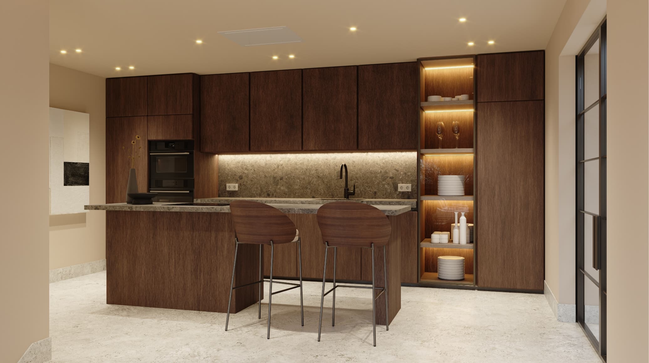 Contemporaneo_cocina - MiraCasa Modern kitchen with dark wood cabinets, a granite island, and lit open shelving featuring glassware and dishes.