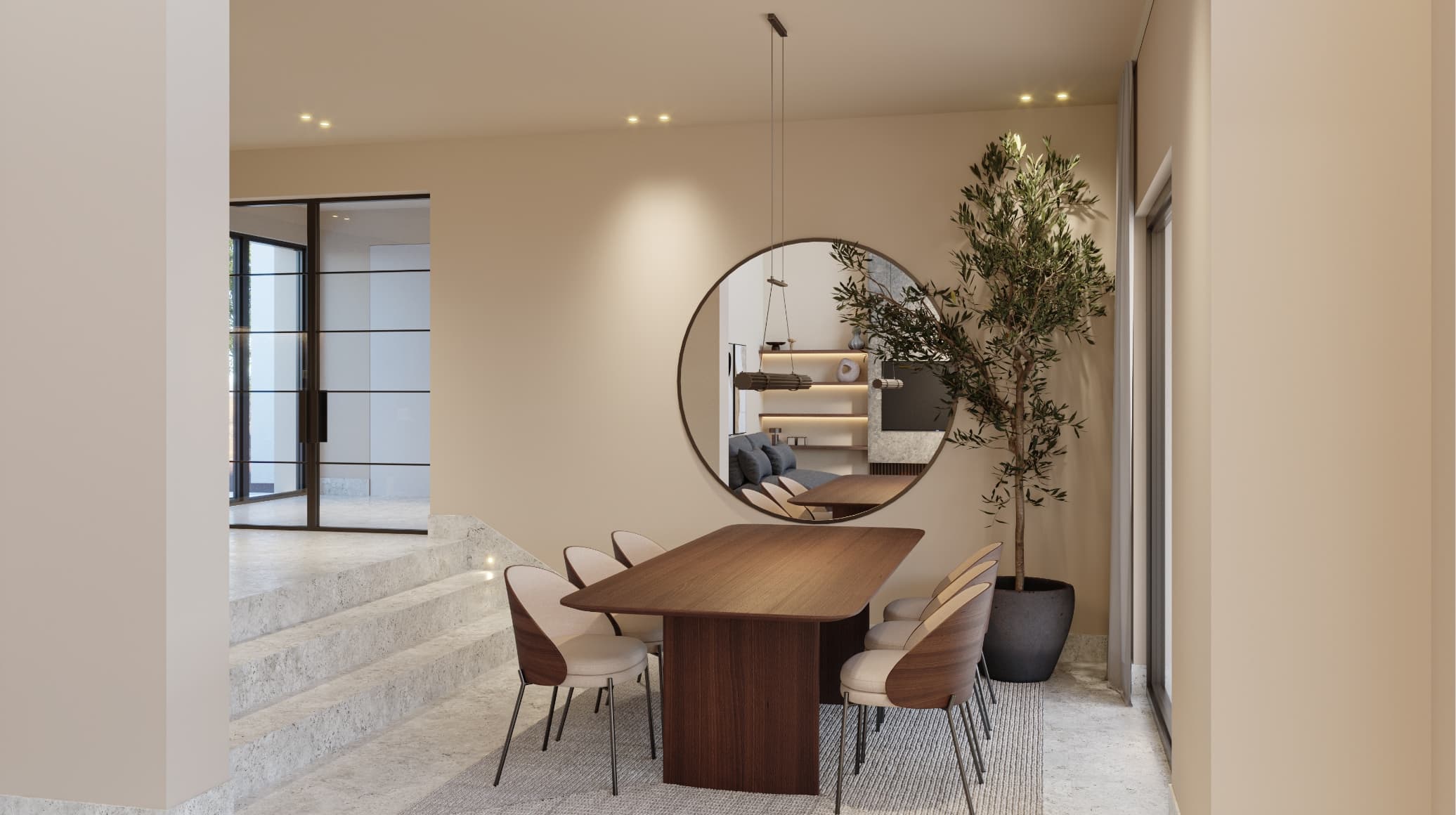 Contemporaneo_comedor - MiraCasa Modern dining area with a wooden table, beige upholstered chairs, and a large round mirror on the wall, reflecting shelves and seating nearby.