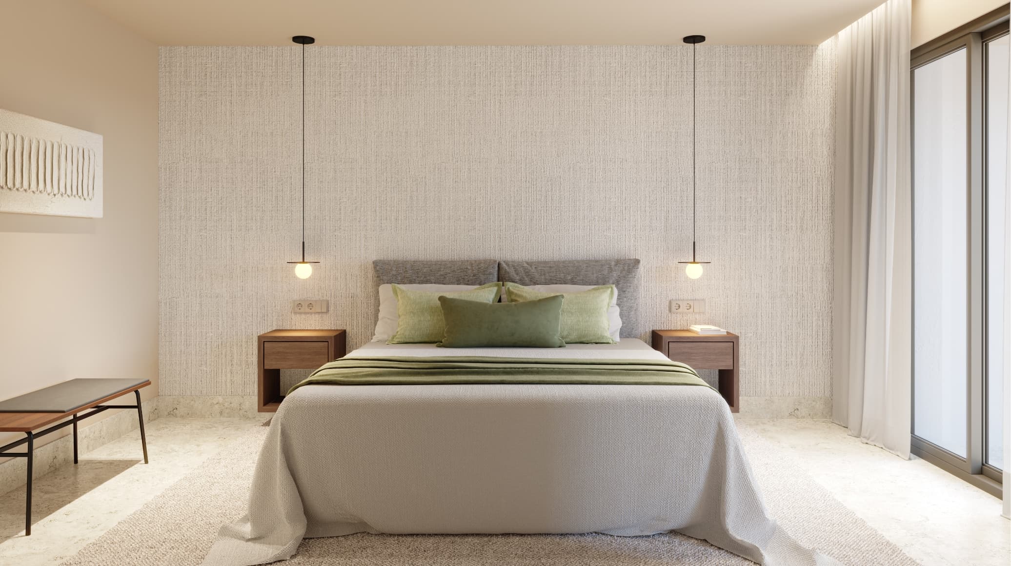 Contemporaneo_dormitorio - MiraCasa Neutral-toned hotel bedroom with a large bed, gray headboard, and sage-green pillows under soft pendant lights