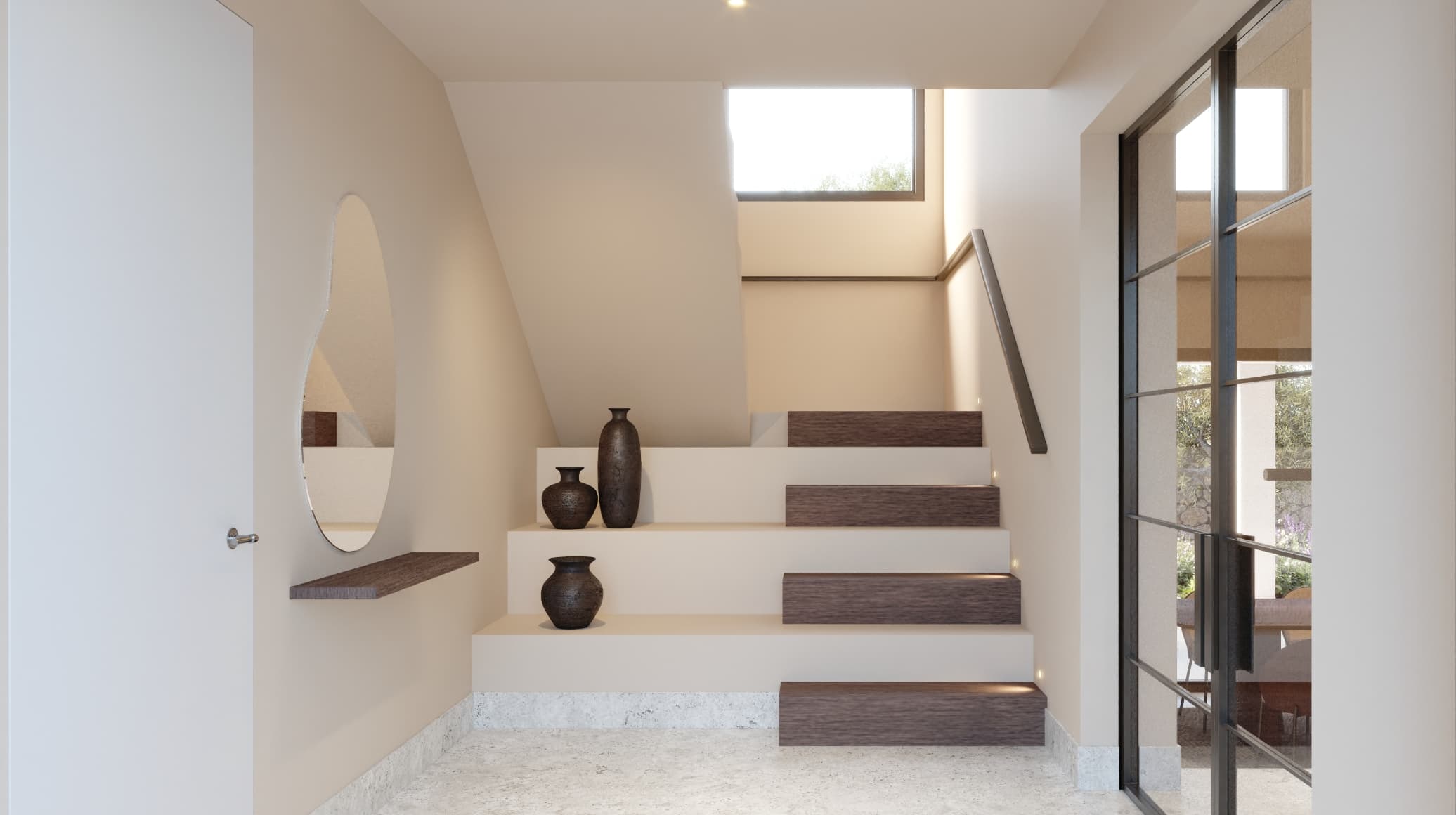 Contemporaneo_entrada - MiraCasa Modern minimalist staircase with white walls, dark wood steps, and decorative brown vases on the treads; glass doors on the right side.