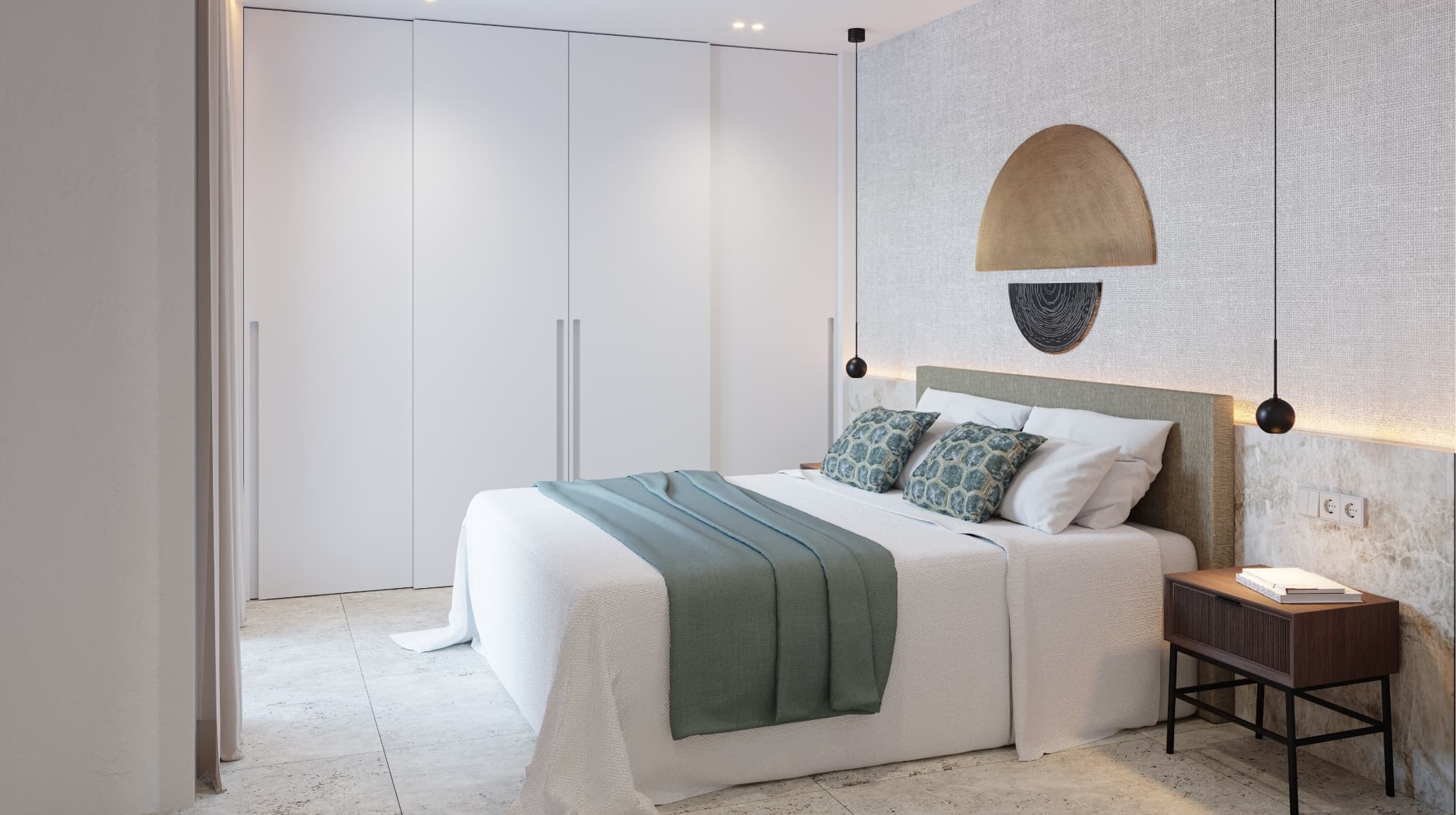 Contemporaneo_habitacion - MiraCasa Contemporary hotel bedroom with a large bed, teal throw, and patterned pillows against a textured wall and white wardrobes in the background.