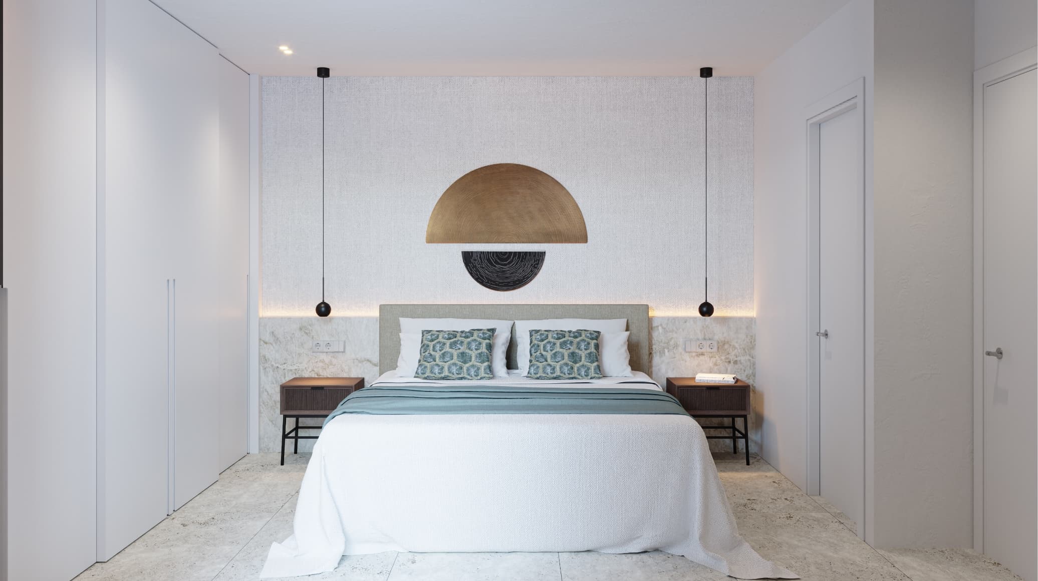Contemporaneo_habitacion_002 - MiraCasa Bedroom with a low upholstered bed, teal patterned pillows, and a two-tone semicircular wall sculpture above the headboard.