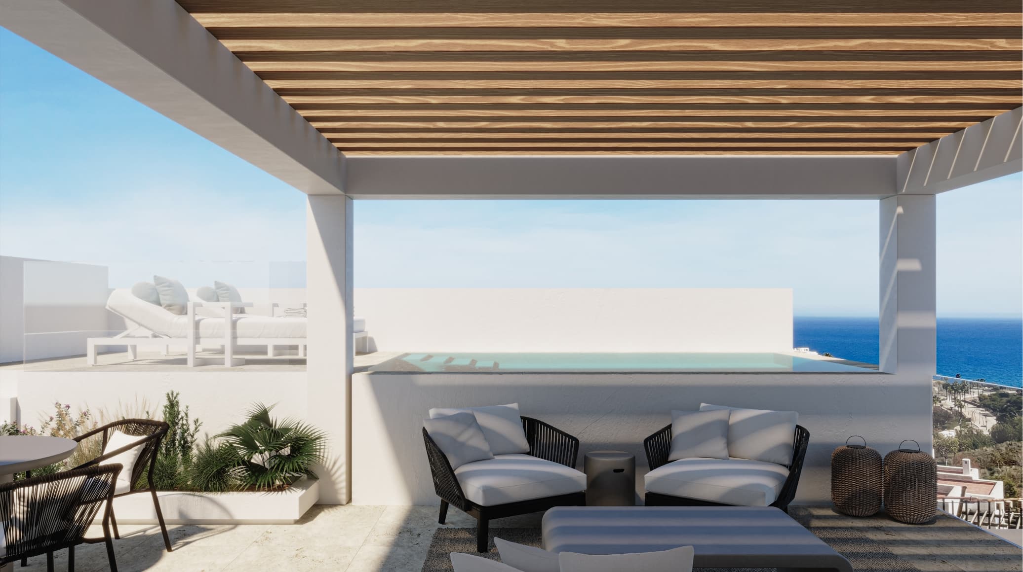 Contemporaneo_roof_001 - MiraCasa Outdoor seating area on a terrace with white cushions, wicker chairs, and a pool, overlooking the blue ocean under a wooden pergola.