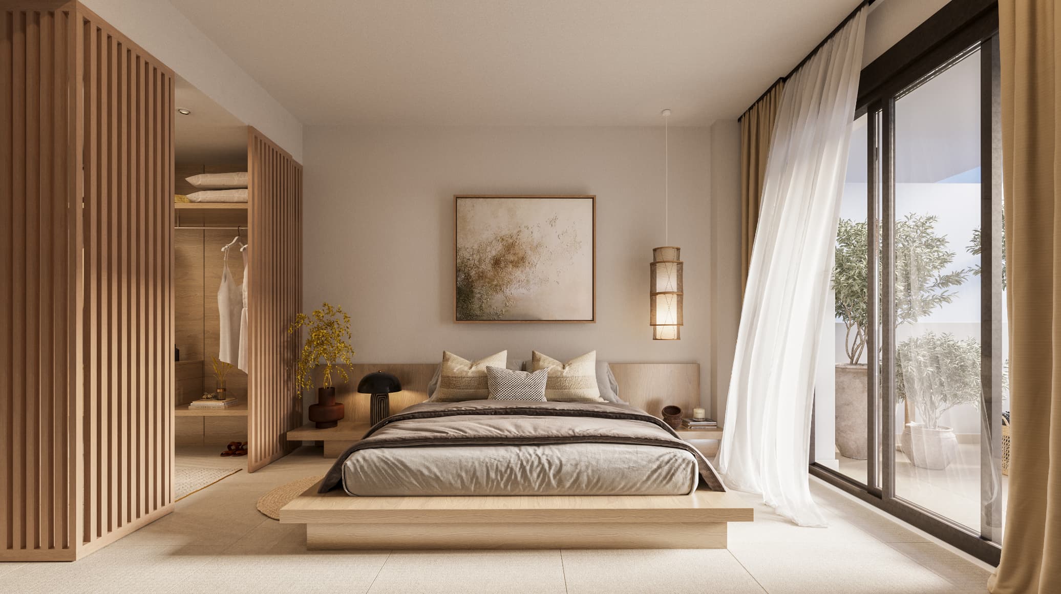 DORMITORIO_HR-1 - MiraCasa Modern bedroom with a low wooden platform bed, beige bedding, and large glass doors with sheer white curtains to the right.