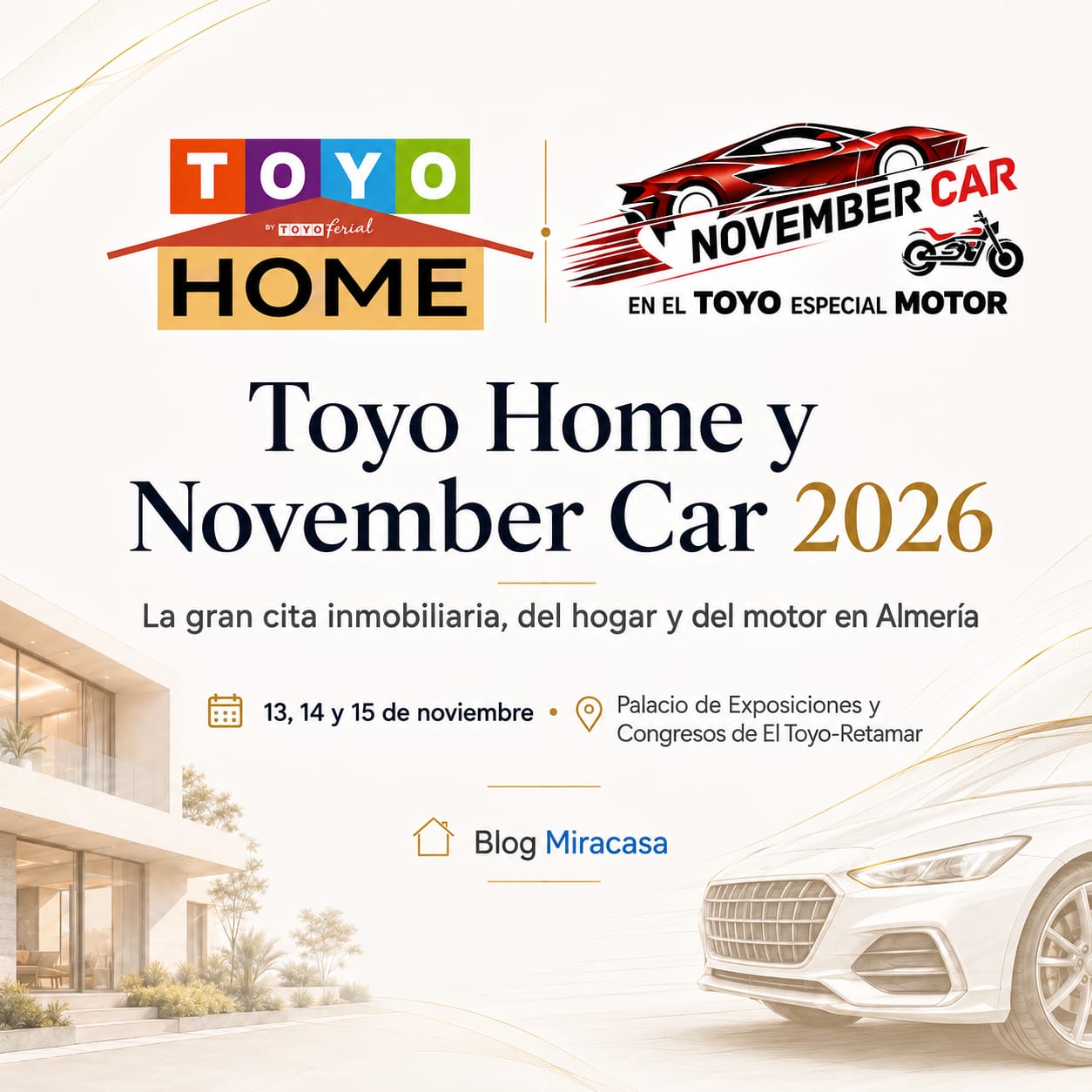 Promotional banner for Toyo Home y November Car 2026 with logos, dates (13–15 de noviembre) and venue in Almería.