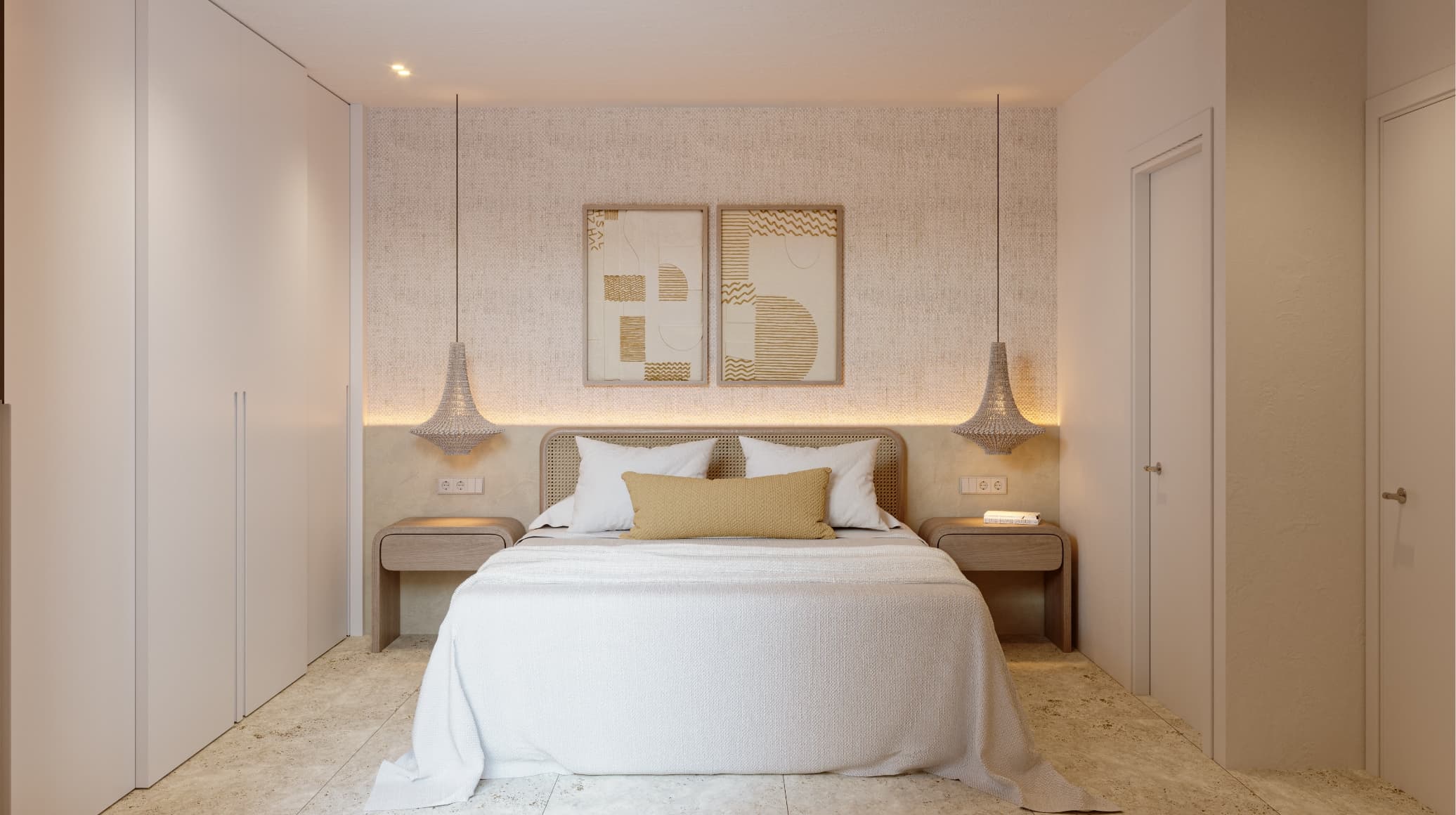 MEDITERRANEO_HABITACION_002 - MiraCasa Neutral-toned bedroom with a padded headboard, bed, and two pendant lamps hanging over beige nightstands on each side of the bed