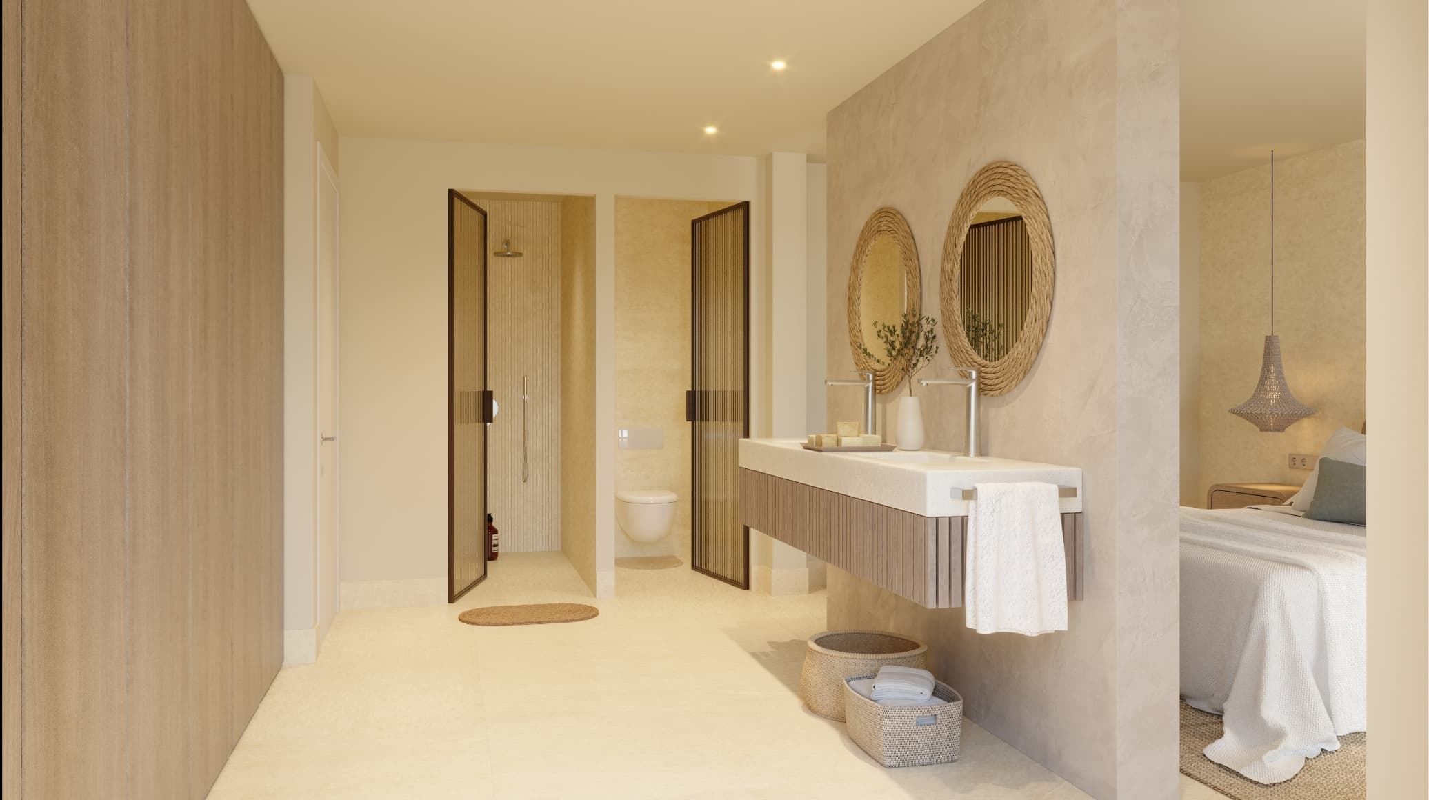 Mediterraneo_bano - MiraCasa Spa-like hotel bathroom with a long light countertop, a single sink, and two round woven-framed mirrors; open bedroom area visible to the right.