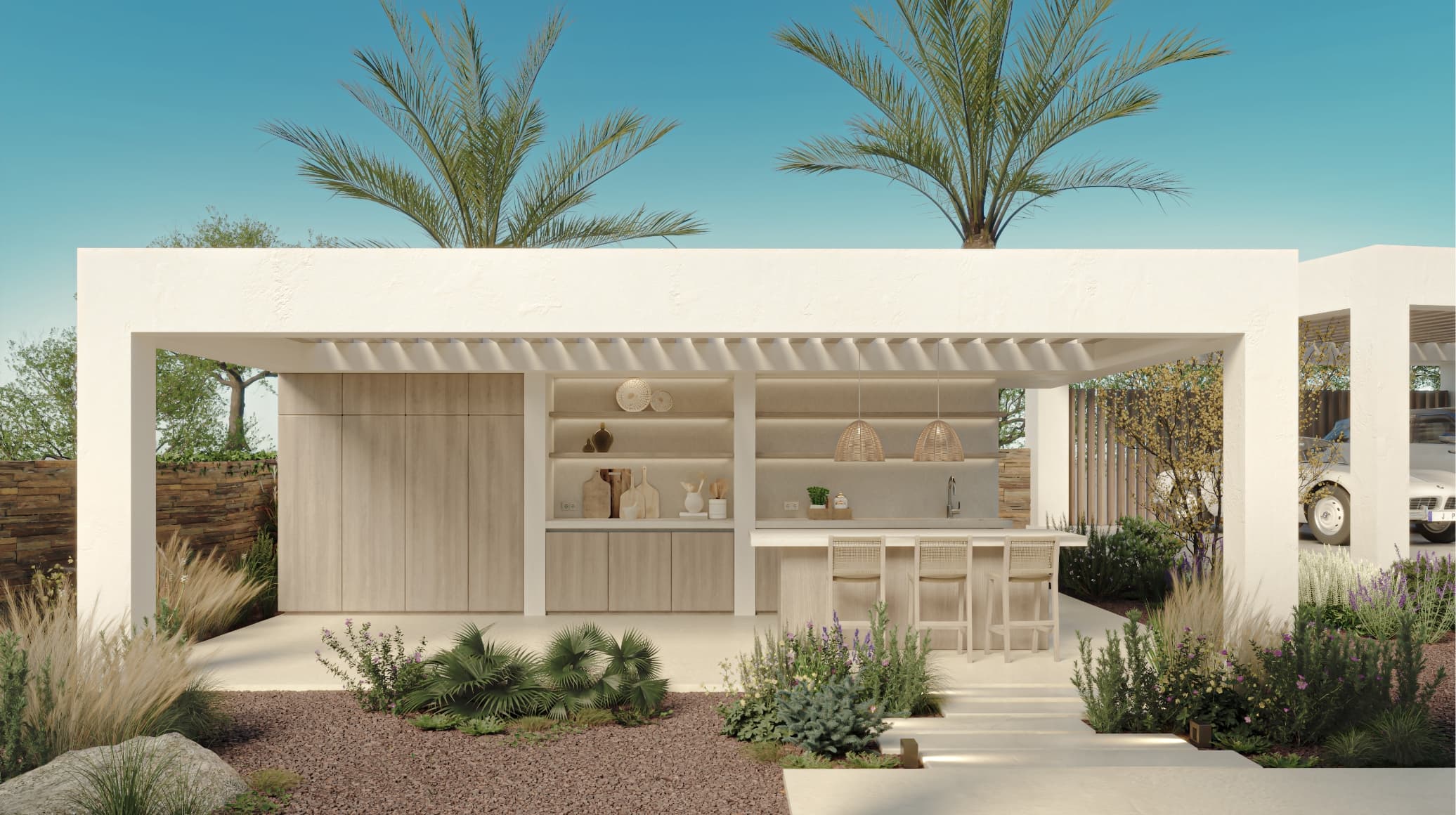Mediterraneo_bbq - MiraCasa Modern outdoor kitchen under a white pergola with beige cabinets and woven pendant lights in a desert yard.