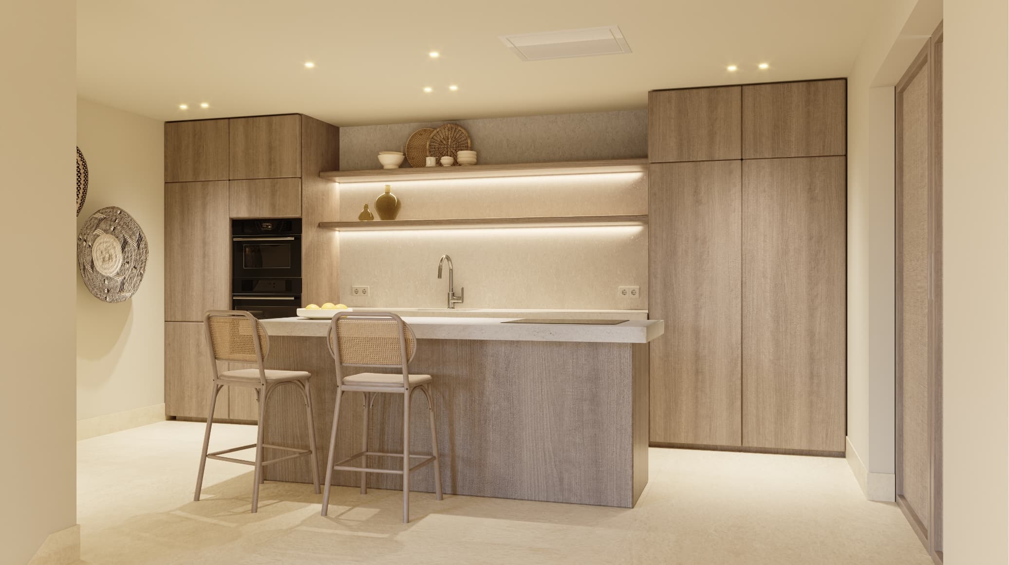 Mediterraneo_cocina - MiraCasa Modern kitchen with wooden cabinets, island, and two wicker bar stools under warm recessed lighting, creating a cozy, contemporary feel.