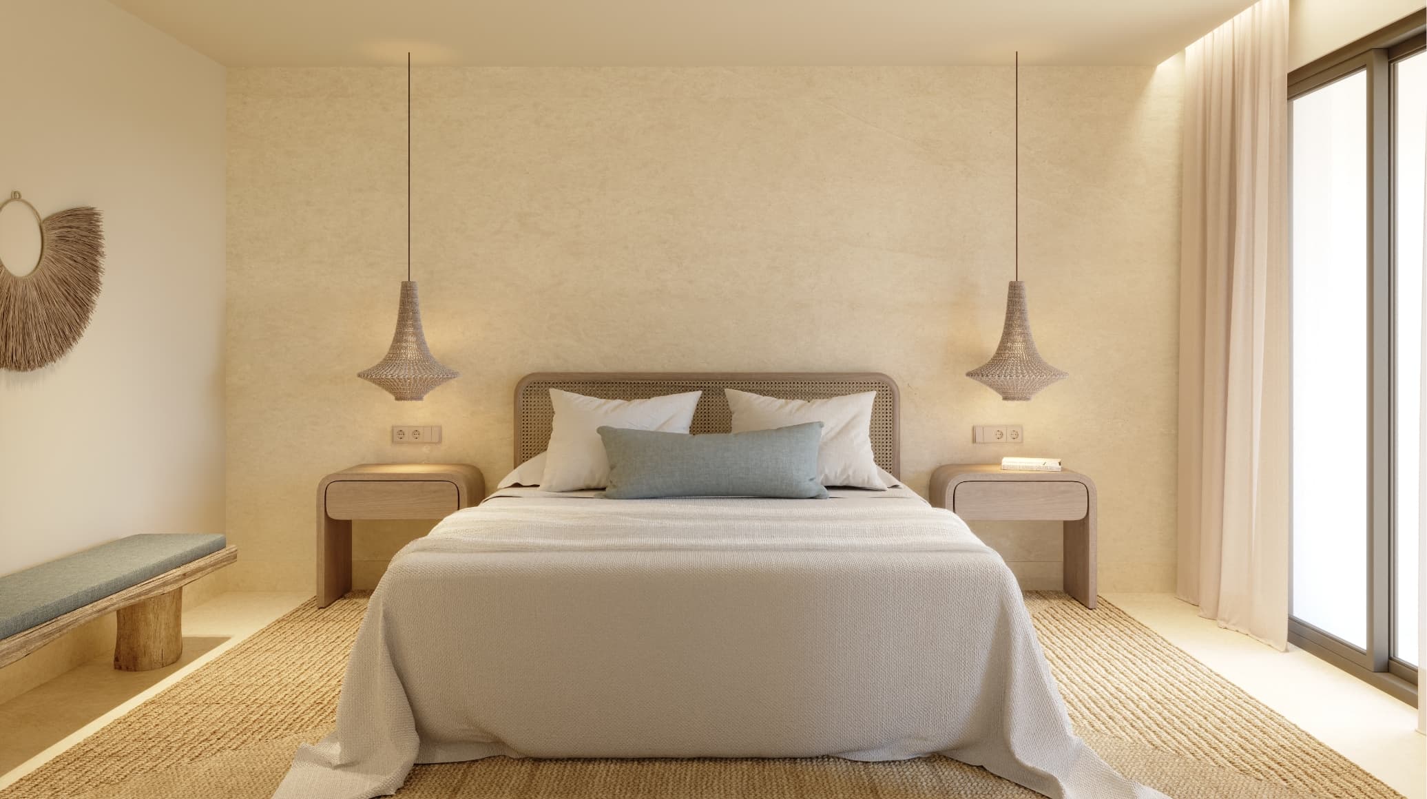 Mediterraneo_dormitorio - MiraCasa Neutral hotel-style bedroom with a bed, woven headboard, two pendant lights, and matching nightstands.