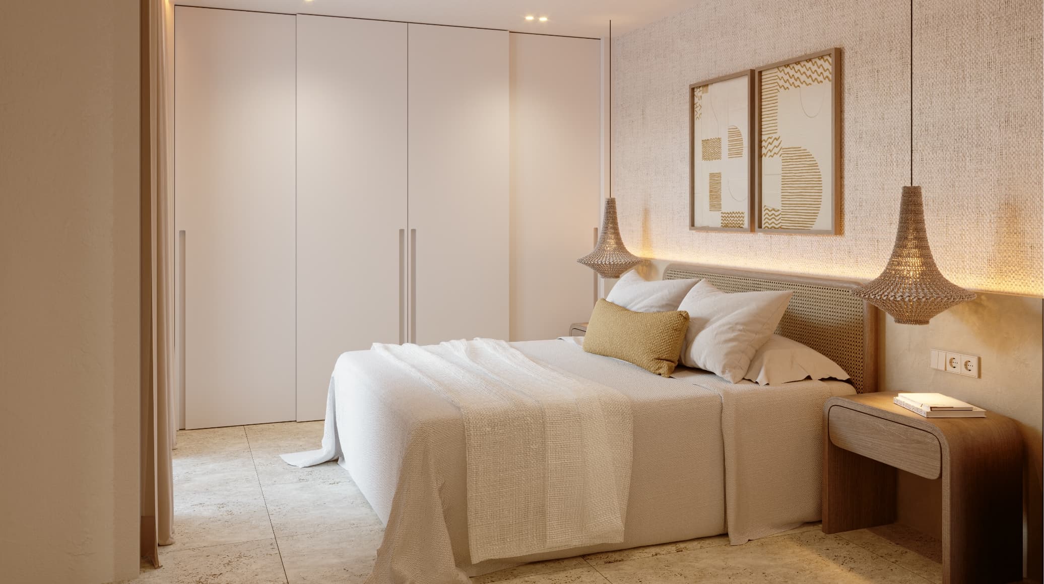 Mediterraneo_habitacion_001-1 - MiraCasa Modern hotel-style bedroom with a white wardrobe, beige bedding, and two woven pendant lamps over a wooden bedside table.