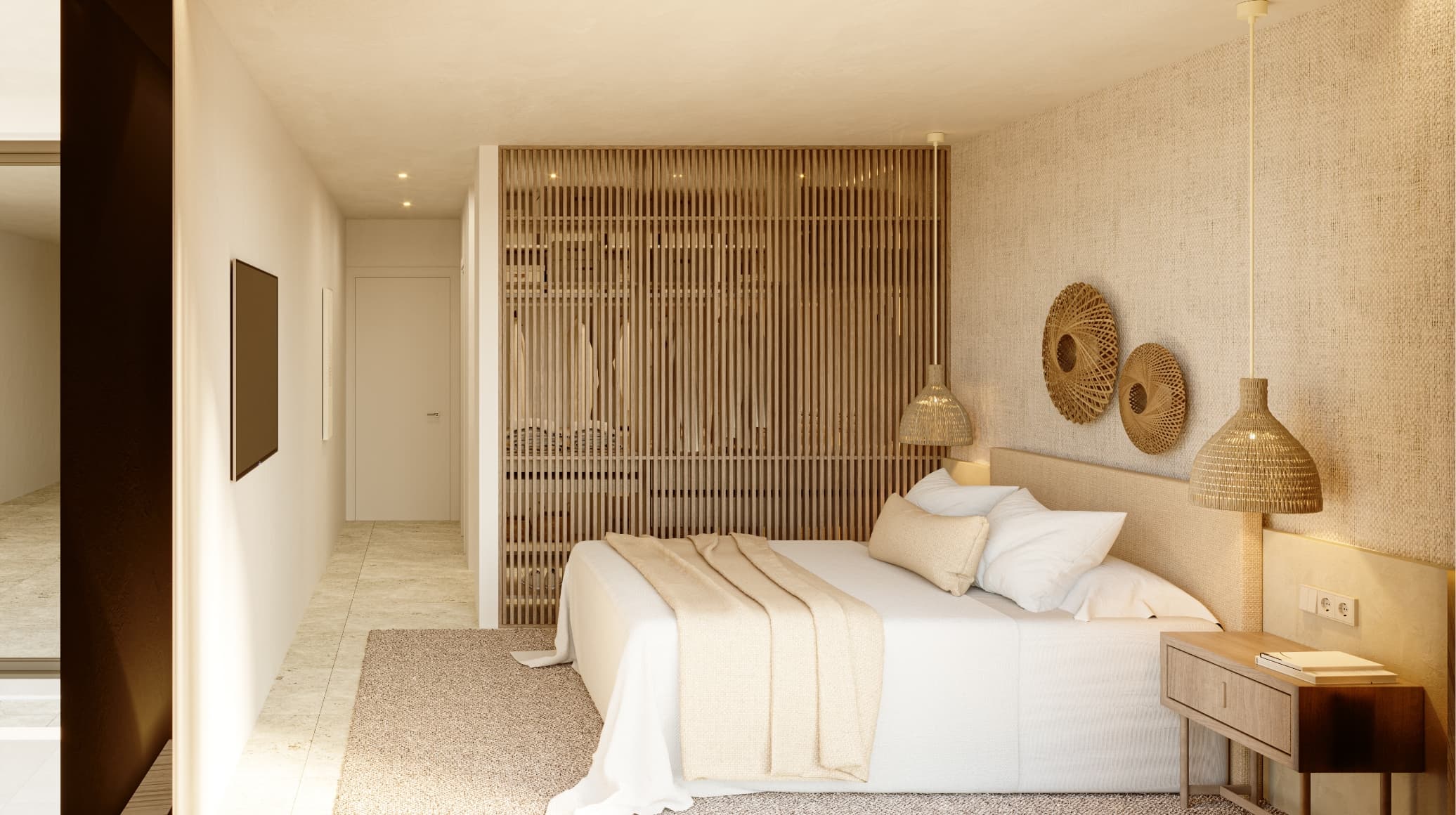 Mediterraneo_masterbed-1 - MiraCasa Beige hotel bedroom with a double bed, woven pendant lamps, and a wooden slatted divider separating a seating area on the right side of the room.