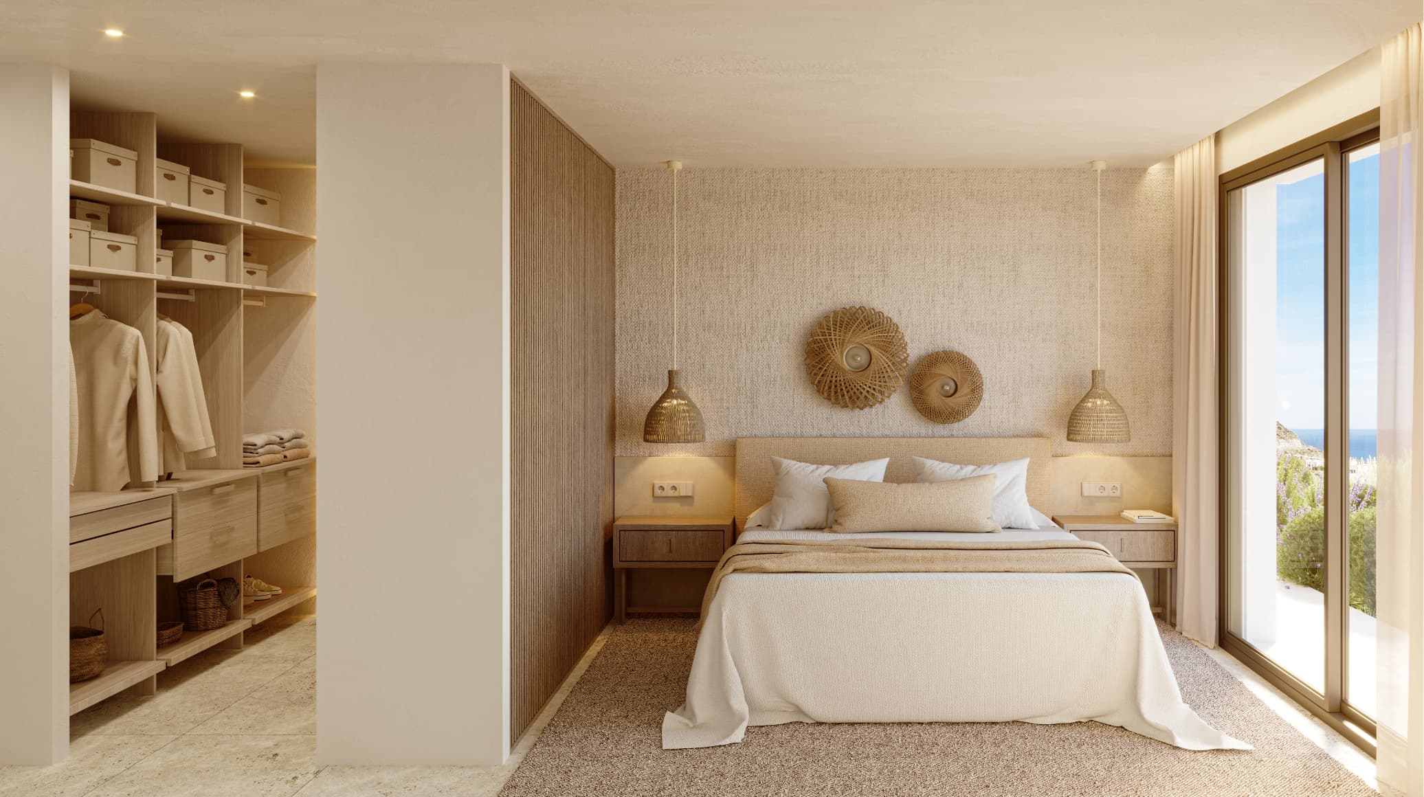 Mediterraneo_masterbed_001-h-1 - MiraCasa Hotel bedroom with beige decor, large bed, woven wall art, and an open closet on the left; sea view through glass doors on the right.