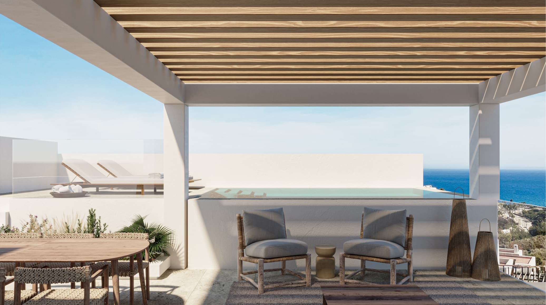 Mediterraneo_roof_001-h - MiraCasa Terrace with a pool and ocean view, under a wooden slat pergola, woven lounge chairs and seating area.