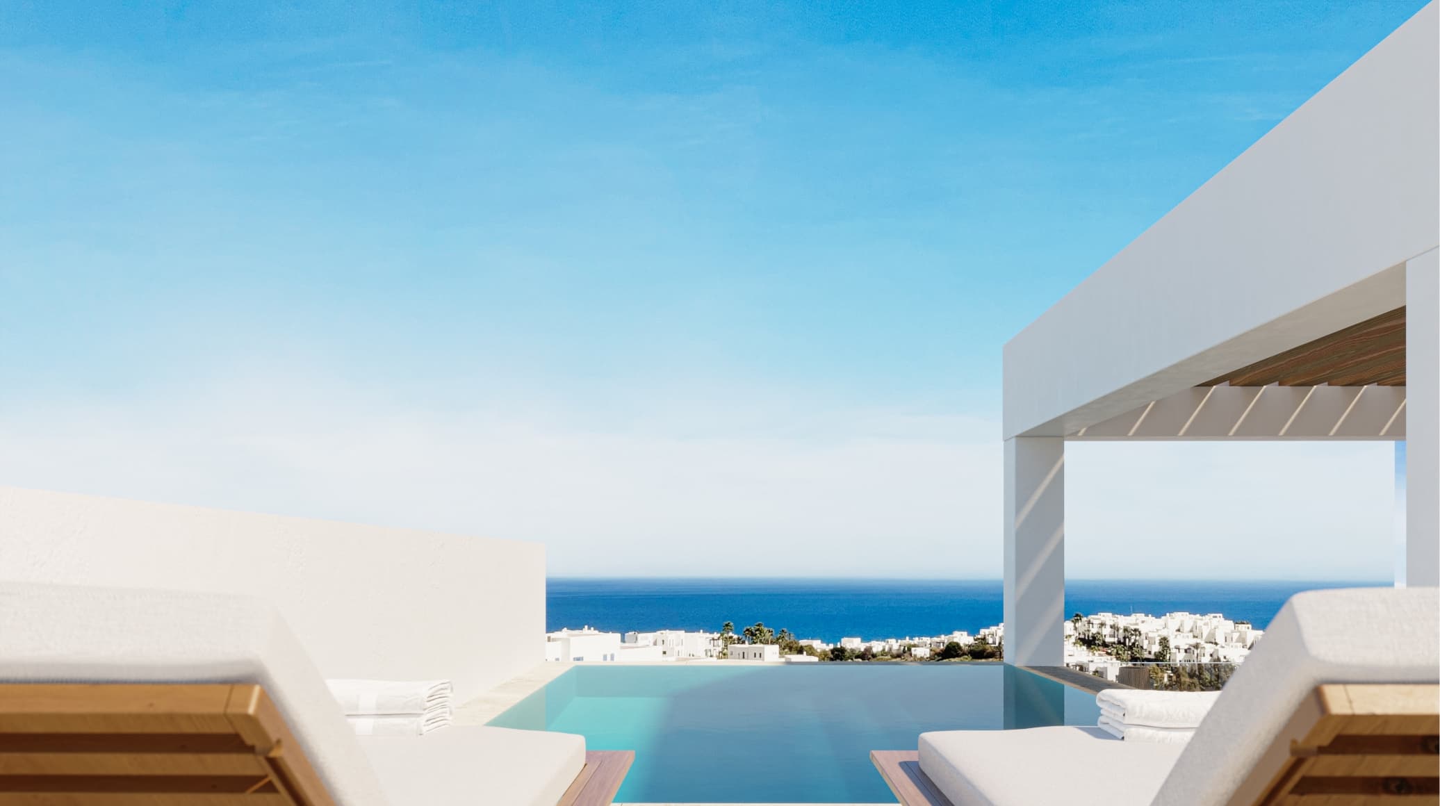Mediterraneo_roof_002-h-1 - MiraCasa White modern terrace with sun loungers and a pool, overlooking a calm blue sea under a clear sky