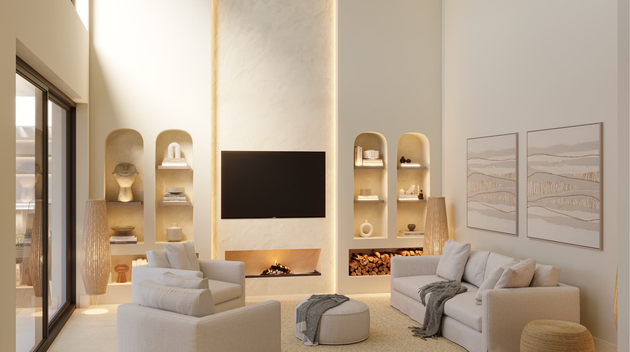 Modern living room with built-in alcove shelves, a lit fireplace, and a wall-mounted TV centerpiece.