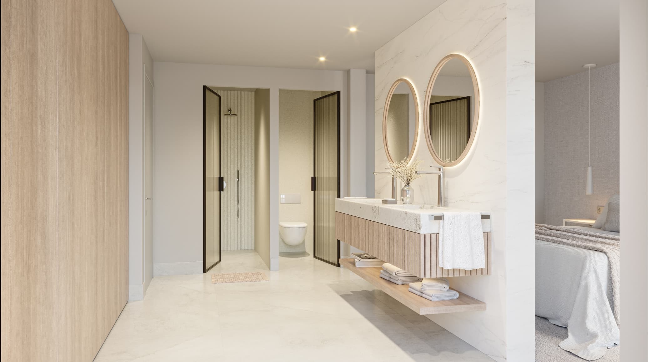 Natural_bano - MiraCasa Modern bathroom with a floating wooden vanity, double oval backlit mirrors, and marble walls; towels on a shelf and a glass-door shower in the background.