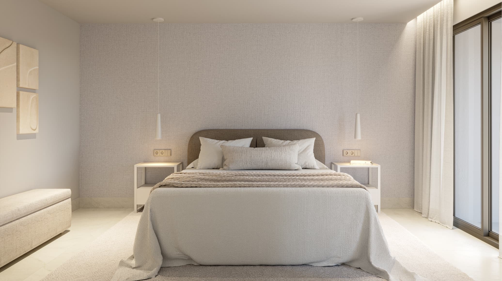 Natural_dormitorio - MiraCasa Neutral bedroom with a padded headboard bed, twin white nightstands, pendant lights, and a large window with sheer curtains.