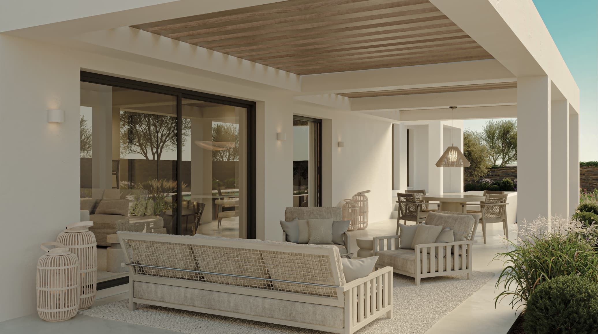 Natural_terraza - MiraCasa Contemporary outdoor patio with white seating under a wooden slatted pergola and glass doors.