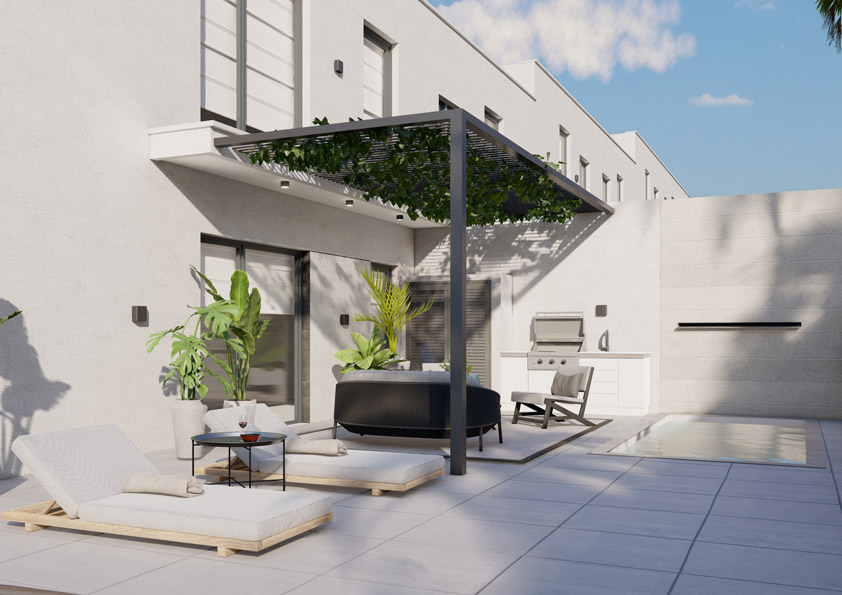 Oasis-Los-Pinos-II-Huercal-Inalgra - MiraCasa Modern outdoor patio with white lounge chairs, a black circular tub, potted plants, and a built-in grill under a pergola.
