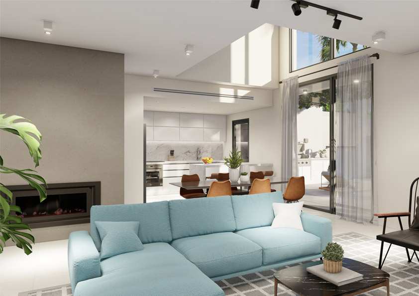 Oasis-Los-Pinos-II-Inalgra-Huercal-de-Almeria-11 - MiraCasa Modern living room with a light blue sectional sofa, fireplace, and view into a bright kitchen and dining area.
