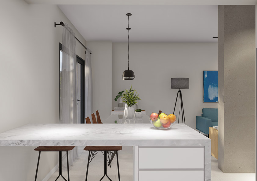Oasis-Los-Pinos-II-Inalgra-Huercal-de-Almeria-13 - MiraCasa Marble kitchen island with two wooden stools in a bright, open-plan dining area; fruit bowl on the island and a living room in the background.