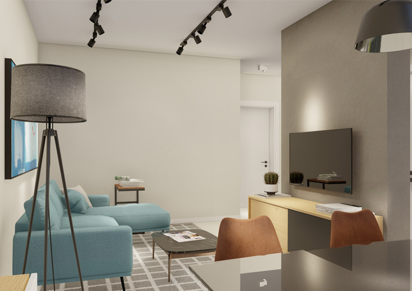 Oasis-Los-Pinos-II-Inalgra-Huercal-de-Almeria-14 - MiraCasa Contemporary living room with a blue sectional sofa, dark glass coffee table on a gray patterned rug, and a wall-mounted TV above a wooden console.