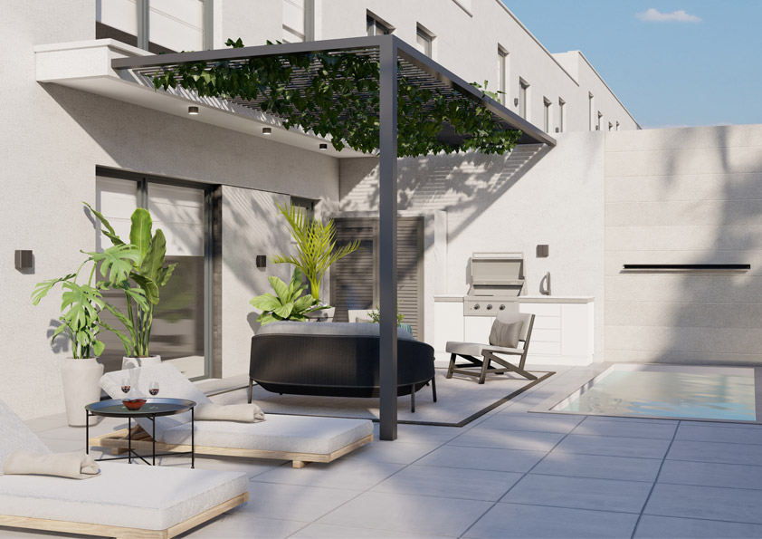 Oasis-Los-Pinos-II-Inalgra-Huercal-de-Almeria-16 - MiraCasa Modern backyard patio with a black round outdoor daybed under a pergola, lounge chairs, and a built-in grill near a pool.