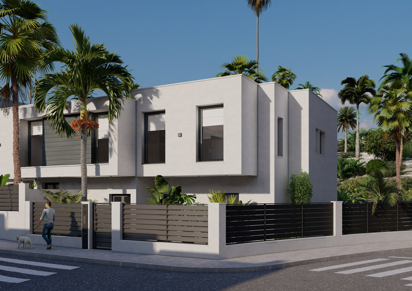 Modern white two-story house with flat roofs, surrounded by a gray fence and tropical palm trees along a sidewalk. A person walks a small white dog on the street corner.