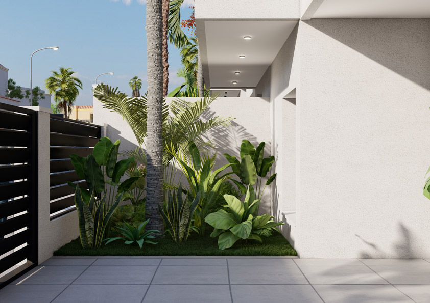 Oasis-Los-Pinos-II-Inalgra-Huercal-de-Almeria-19 - MiraCasa Contemporary courtyard garden with tropical plants along a white stucco wall and a tiled walkway before a modern residence.