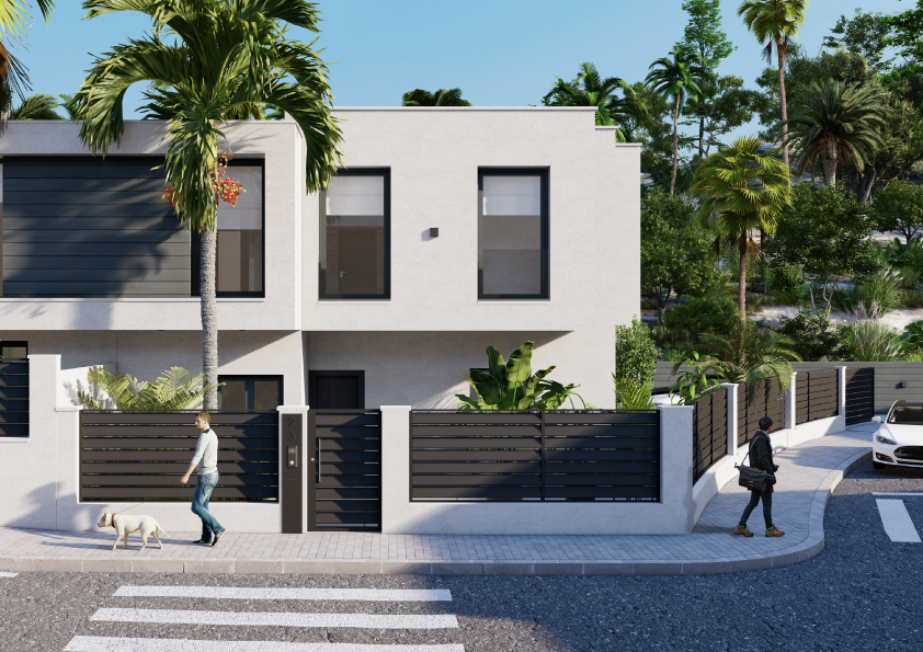 Oasis-Los-Pinos-II-Inalgra-Huercal-de-Almería-4 - MiraCasa Modern white house with black fencing and palm trees on a sunny street; a man walks a dog near the gate while another person crosses the crosswalk.