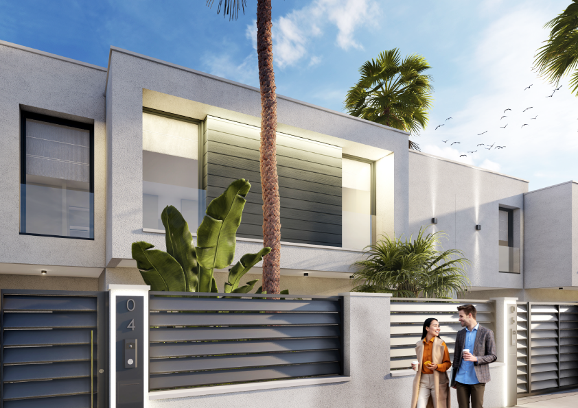 Oasis-Los-Pinos-II-Inalgra-Huercal-de-Almería-5 - MiraCasa Modern two-story house with gray stucco and metal slat fencing; a couple stands near the gate talking outside the home.