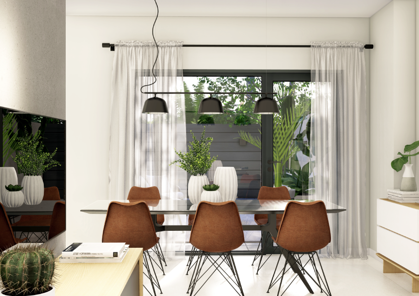 Oasis-Los-Pinos-II-Inalgra-Huercal-de-Almería-8 - MiraCasa Modern dining room with a glass table and brown molded chairs, large windows with sheer curtains, and potted plants outside and inside.