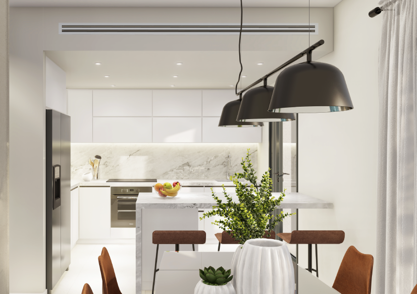 Oasis-Los-Pinos-II-Inalgra-Huercal-de-Almería-9 - MiraCasa Bright modern kitchen with white cabinetry, marble backsplash, and an island; a fruit bowl sits on the counter and black pendant lights hang overhead.