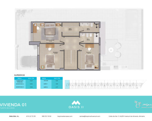 Top-down floor plan of a two-bedroom villa with a central corridor, living/dining area, kitchen, bathroom, patio, and carport; Oasis II branding.