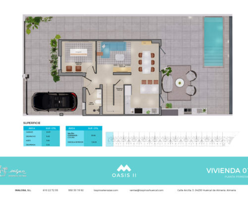 Top-down floor plan of a single-story villa showing a carport on the left, interior living area, kitchen, dining space, bedrooms and bathrooms, and a large outdoor patio with a rectangular pool on the right.