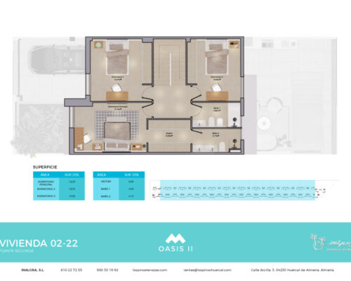 Top-down floor plan of a three-bedroom apartment showing bedrooms, bathrooms, a central hallway, and living area. Branding for Oasis II is visible at the bottom.",
