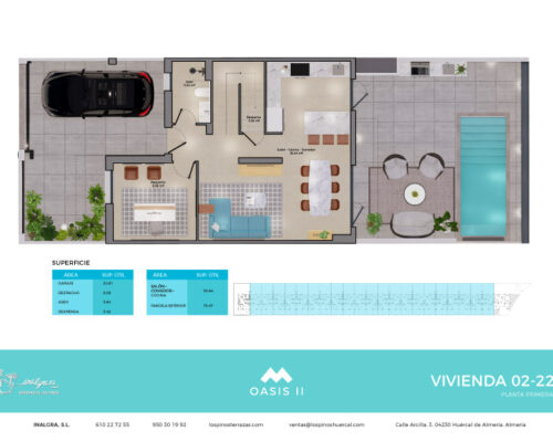 Floor plan of a villa showing a two-car garage, open living/kitchen area, dining space, two bedrooms, two bathrooms, and an outdoor terrace with a pool.