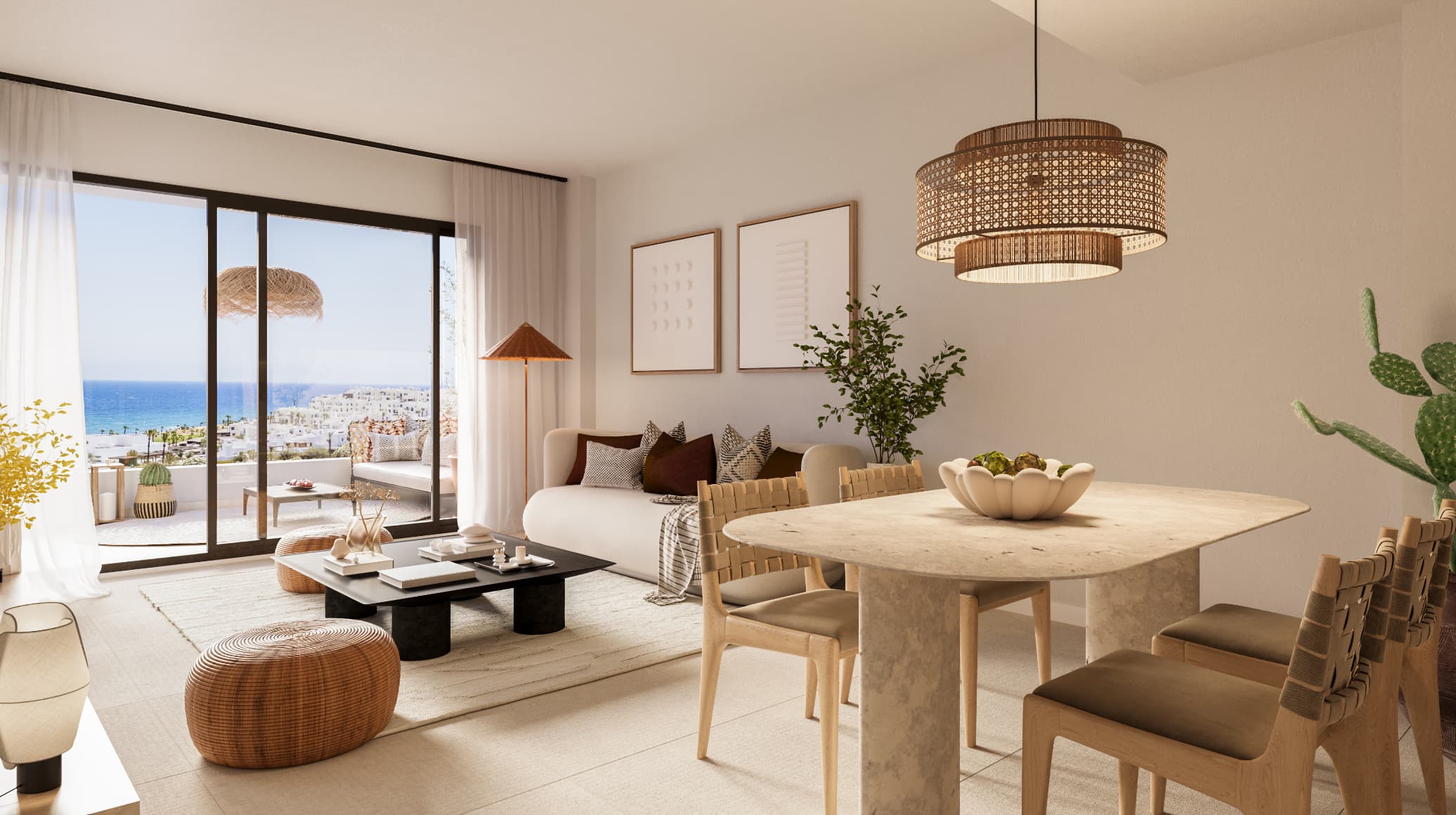 SALON_HR-1 - MiraCasa Bright living-dining area with a sea-view balcony, beige sofa, wicker ottomans, and a round dining table under a large pendant light.