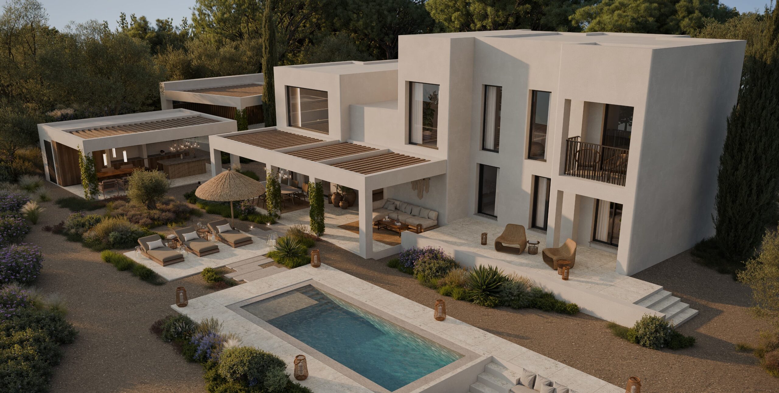 Modern white villa with outdoor living area, pergolas, and a rectangular pool surrounded by desert landscaping and lounge chairs.