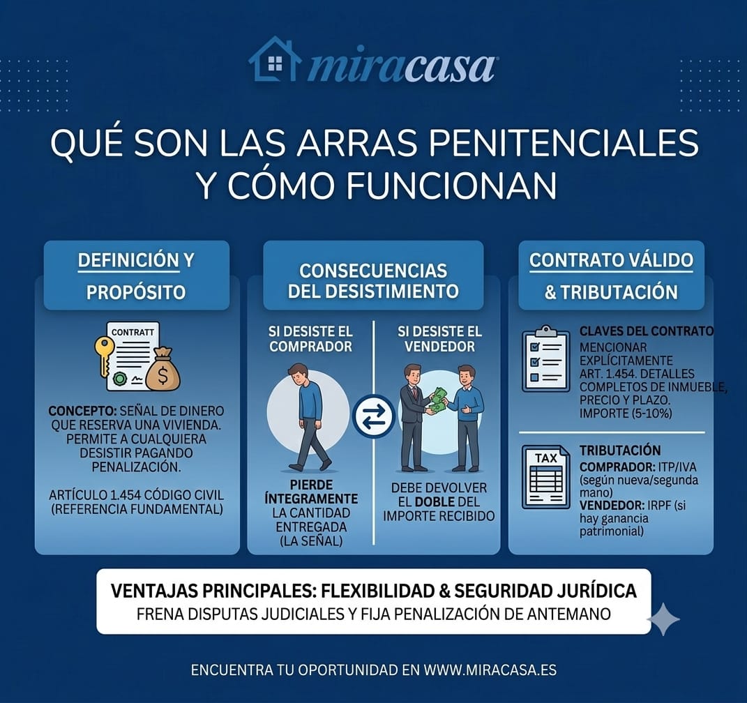 Blue infographic explaining penitential earnest money: definition and purpose, consequences of withdrawal, valid contract, and taxation, with icons and arrows.