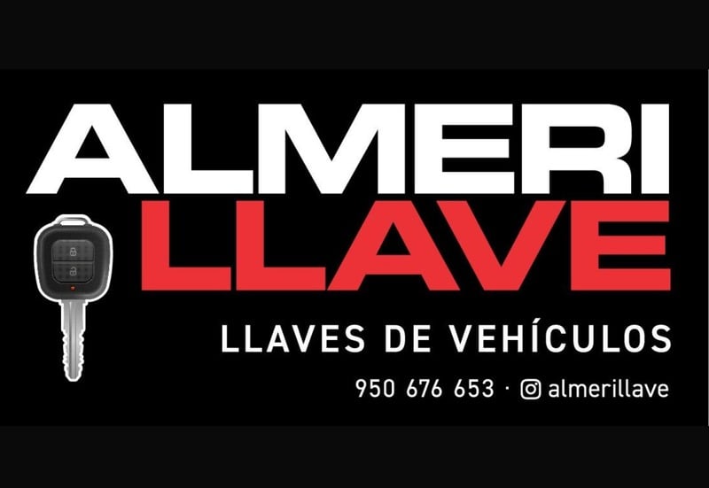 Almeri Llave logo with a car key icon; white 'ALMERI' and red 'LLAVE', 'VEHICLE KEYS' and contact info.