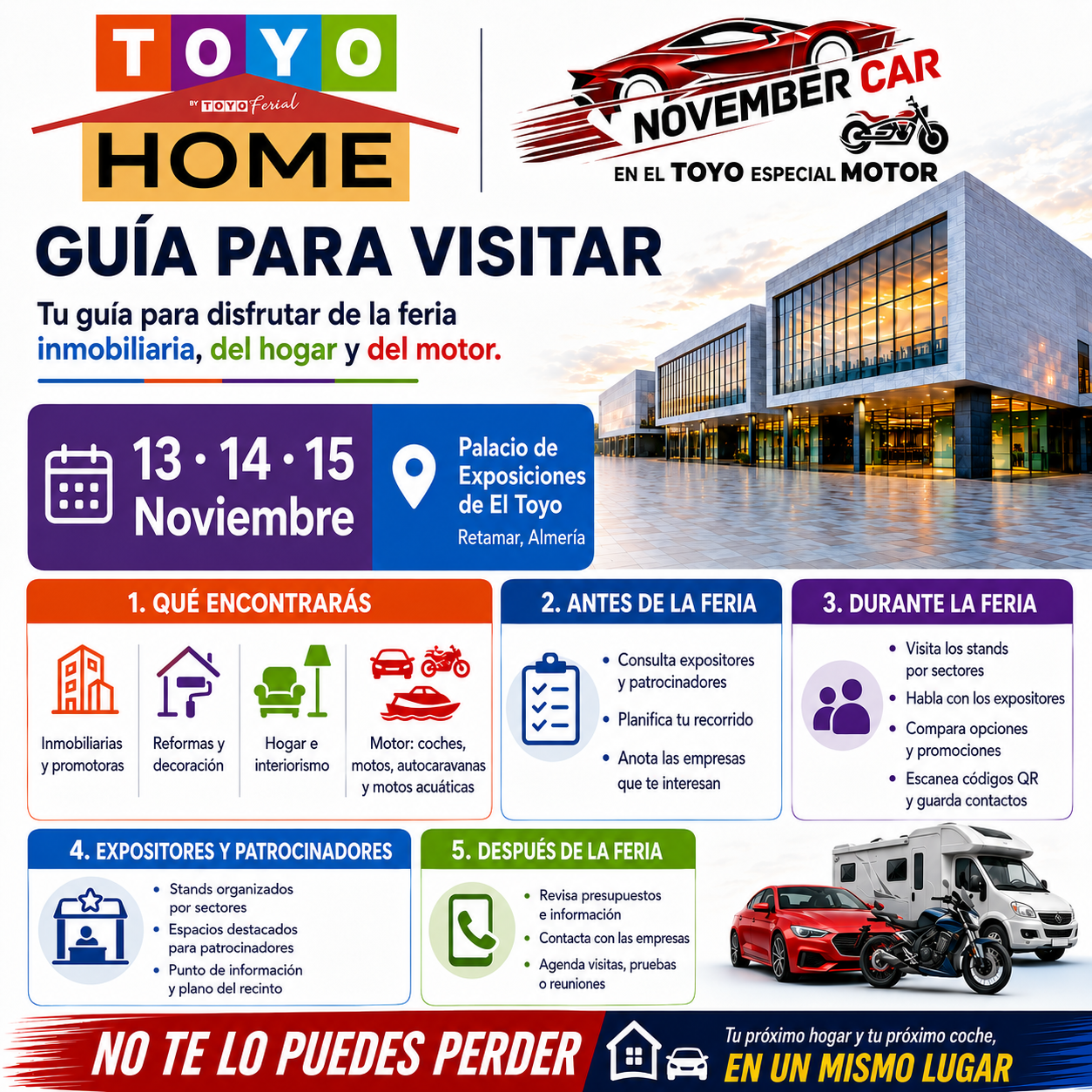Cartel informativo de la feria Toyo Home: fechas 13–15 de noviembre y ubicación Palacio de Exposiciones de El Toyo, Retamar, Almería.