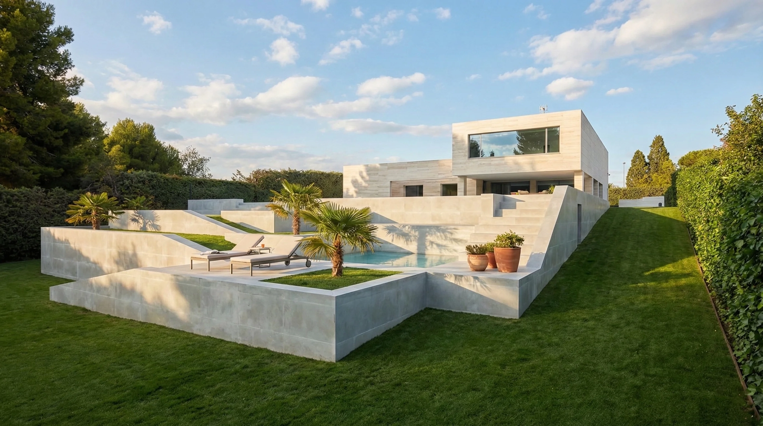 Modern white concrete villa with layered terraces, palm trees, and a rectangular pool on a sunny day.